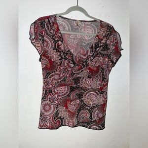 Susan Lawrence Paisley Print V-Neck Ruffle Top size medium